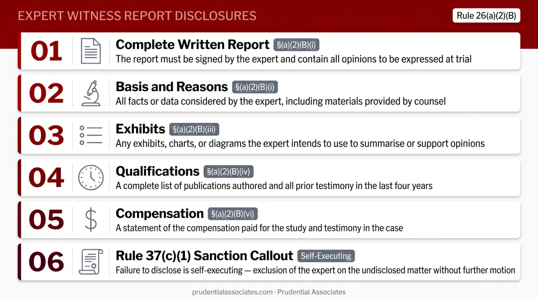 FRCP Rule 26 six mandatory expert report disclosure requirements comparison table