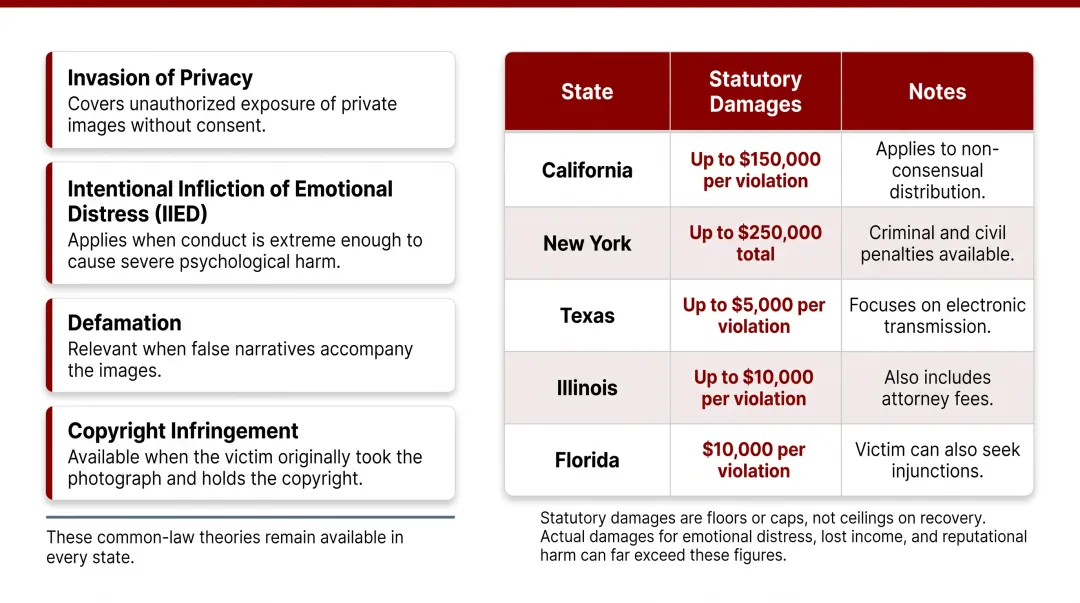 State-by-state revenge porn civil statute comparison chart with statutory damages