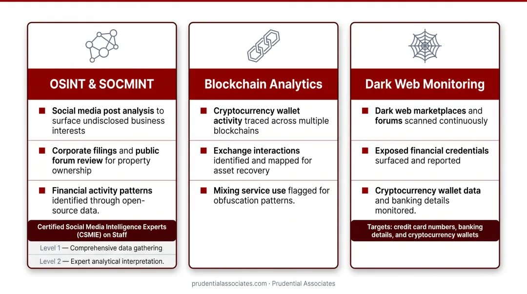 Enterprise asset search digital intelligence methods OSINT blockchain dark web process flow