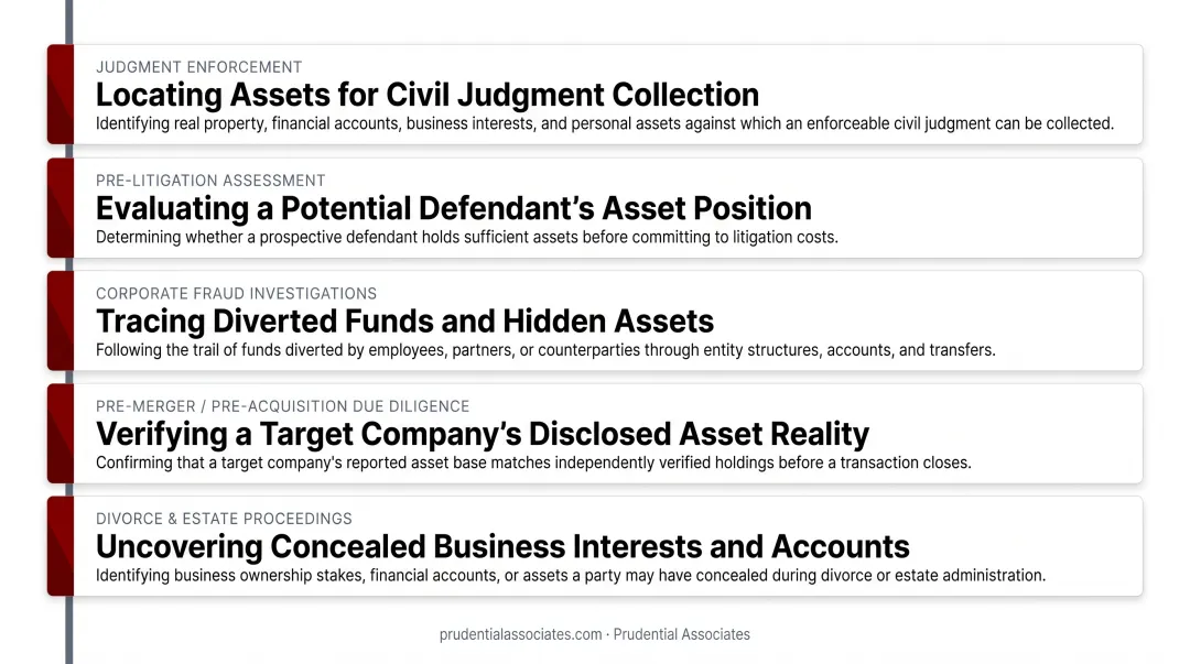 Five enterprise asset search use cases comparison infographic for legal professionals