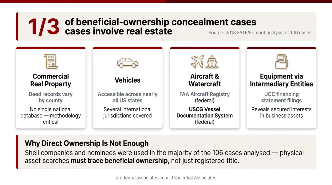 Beneficial ownership concealment methods breakdown showing real estate and shell company statistics