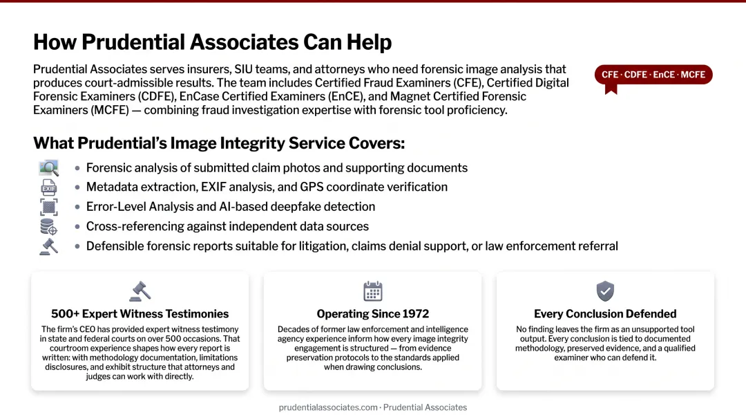 Prudential Associates certified forensic examiner team reviewing digital claim evidence