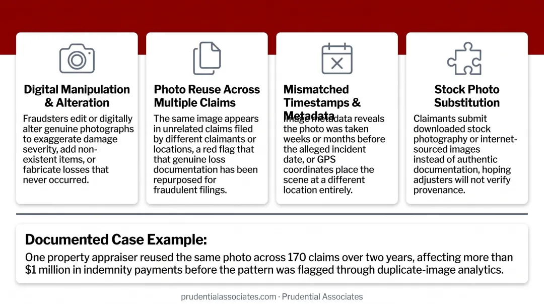 Four insurance image fraud types detection methods comparison table infographic