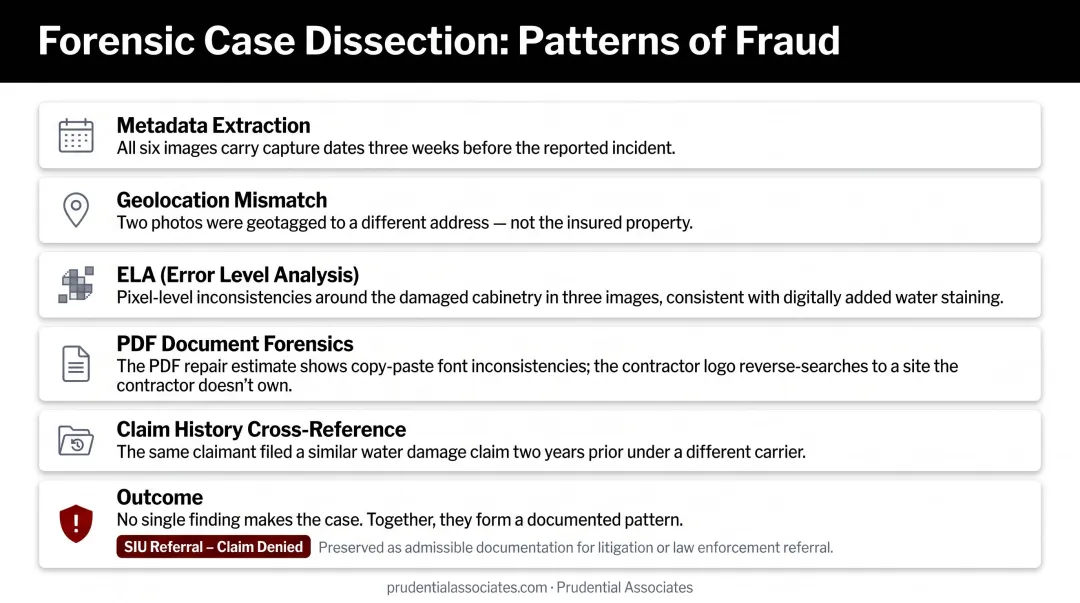 Forensic image integrity report displaying fraud findings evidence and chain of custody