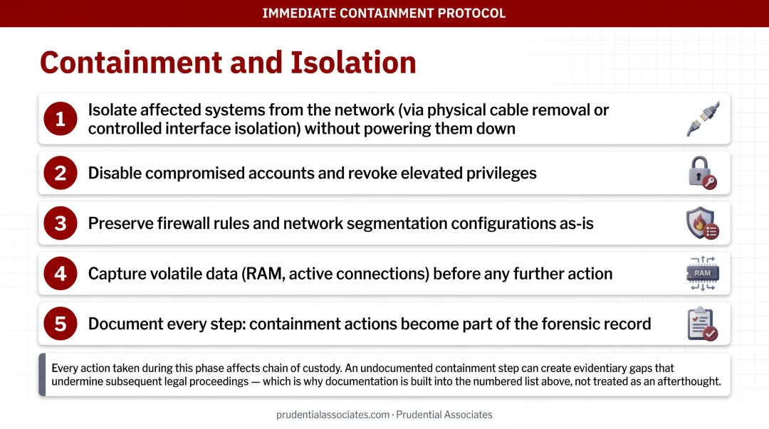 Five-step cyber attack containment and isolation process checklist infographic