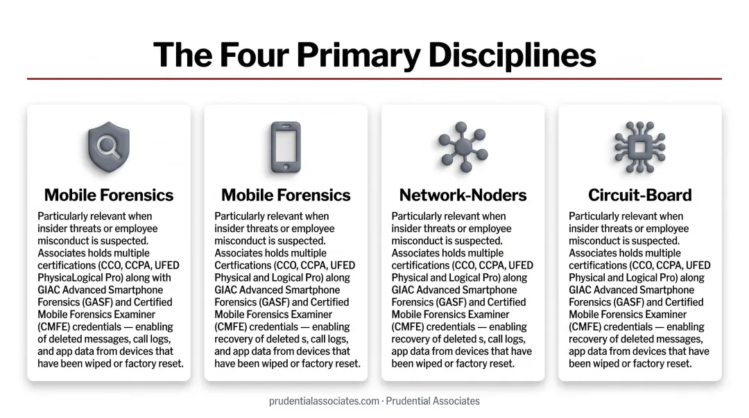 Four computer forensics disciplines comparison table covering disk network mobile and cloud