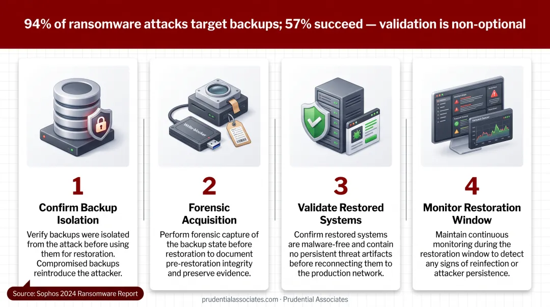 Ransomware incident response team validating backup integrity before system restoration