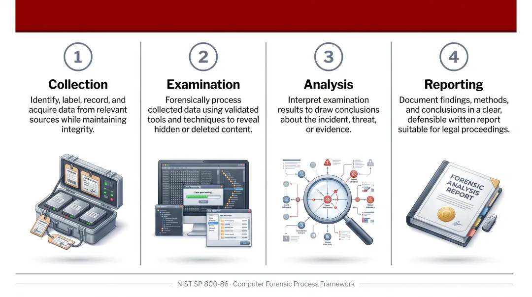 Four NIST forensic investigation stages process flow from collection to reporting