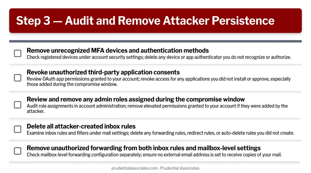 Five-step M365 BEC attacker persistence removal checklist process flow infographic