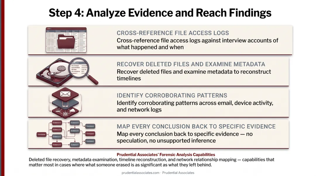 Four-step digital evidence forensic analysis process flow for misconduct investigations