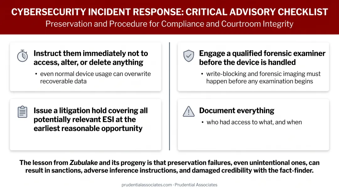 Four-step attorney digital evidence preservation checklist from client instruction to documentation