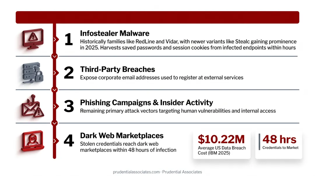 4-step stolen credential attack chain from infostealer to dark web exploitation