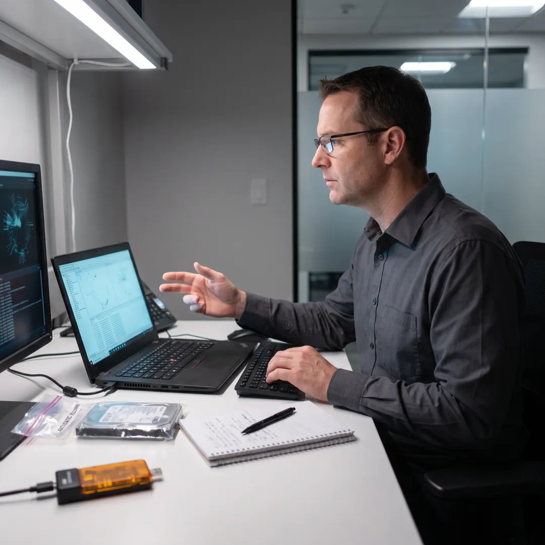 Digital forensic investigator analyzing computer evidence