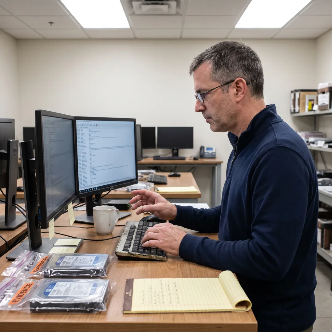 Forensic analyst reviewing cyber evidence workflow