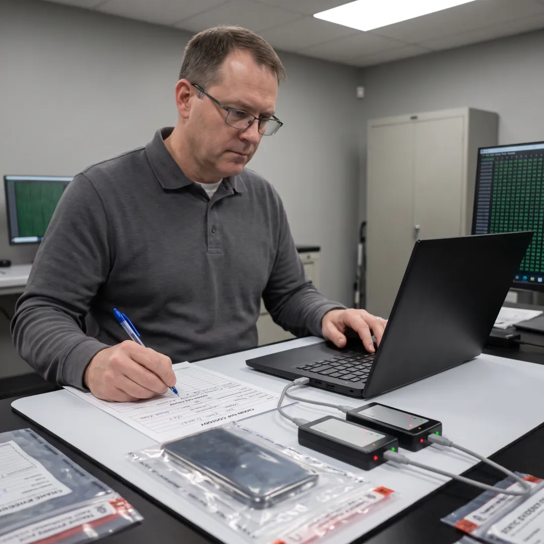 Forensic analyst documenting digital evidence process
