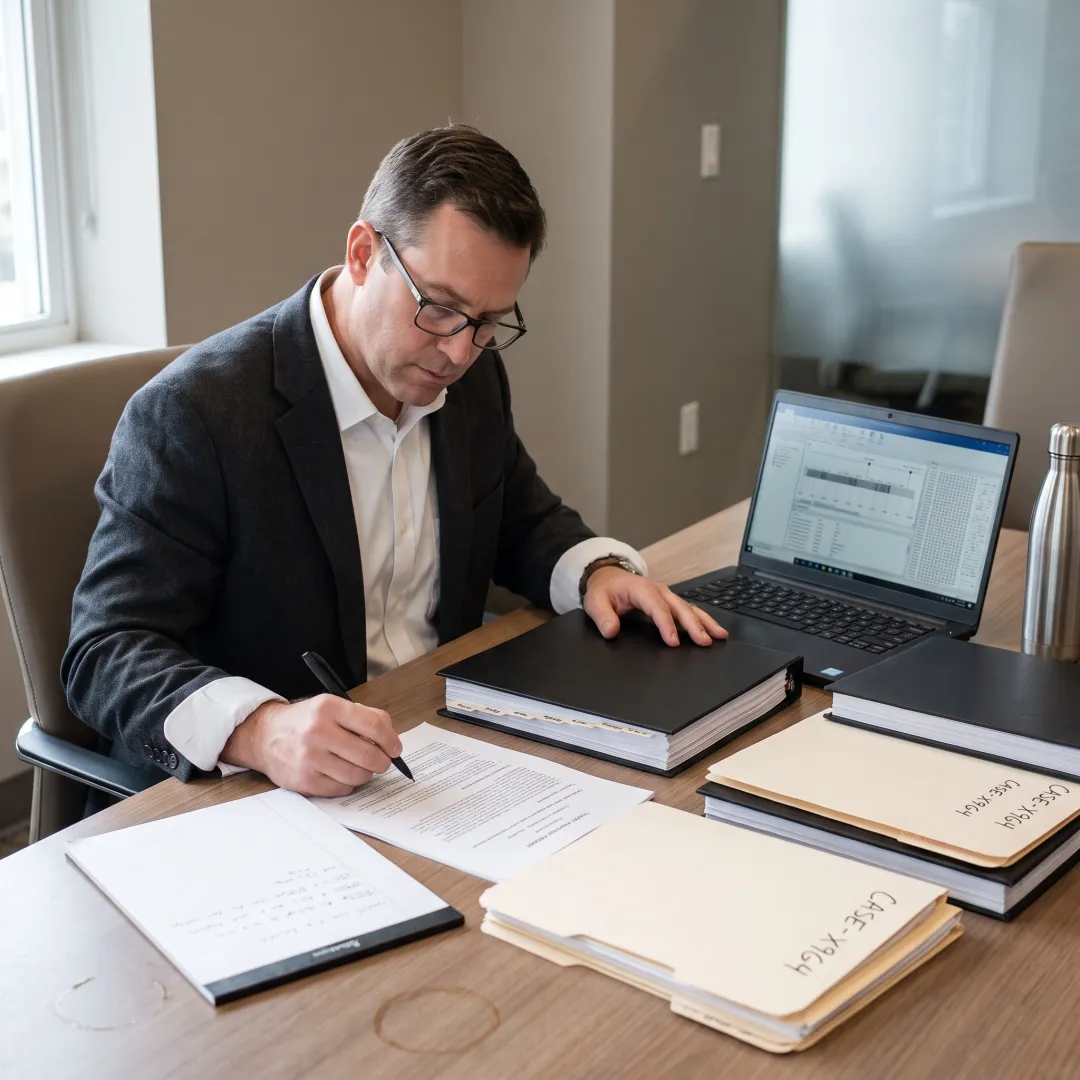 Forensic consultant preparing expert witness materials