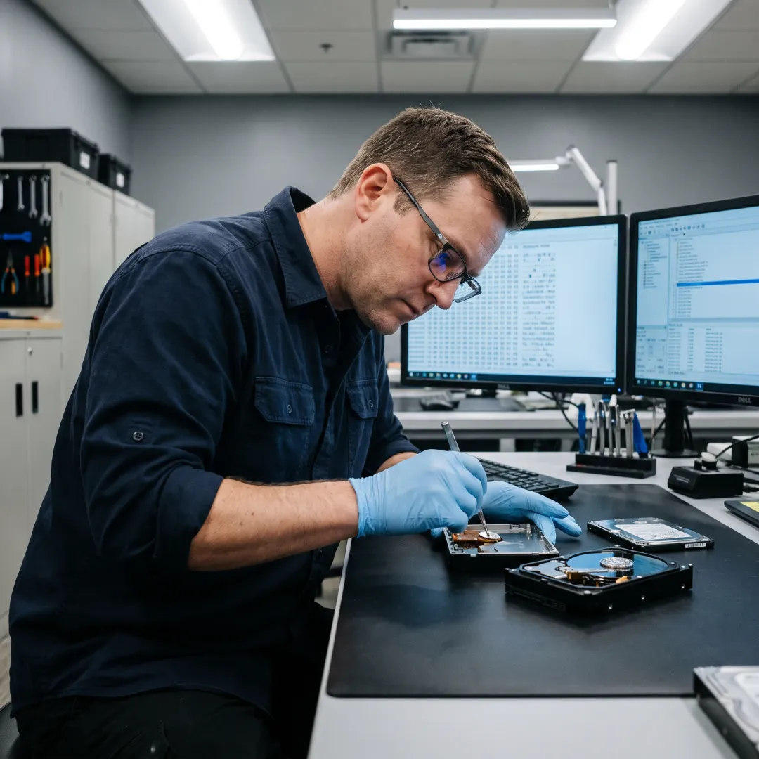 RAID data recovery technician examining mirrored drives