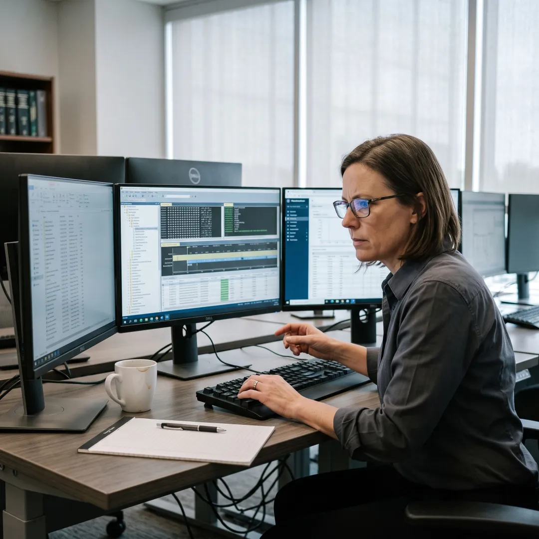 E-discovery analyst reviewing digital evidence for a law firm