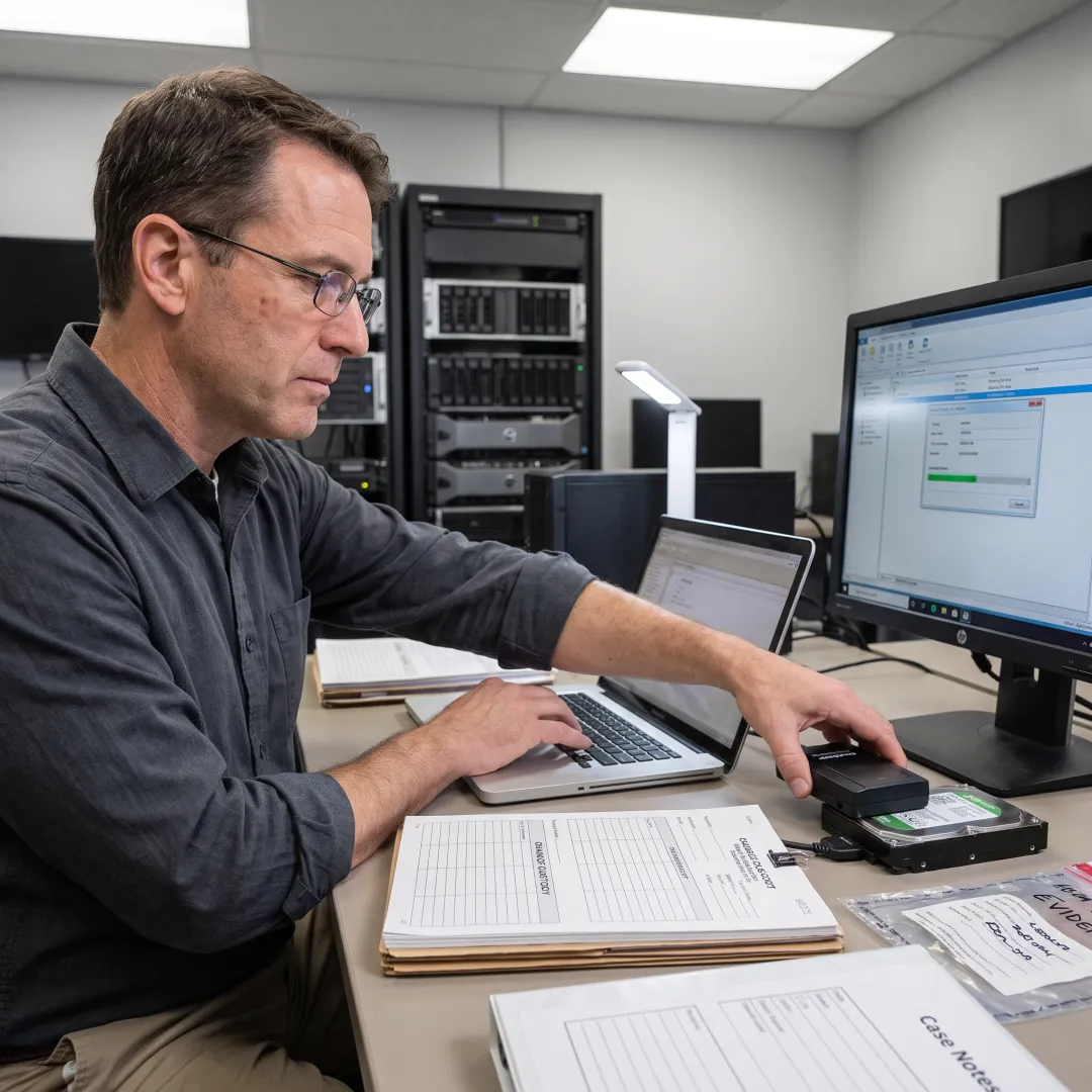 Forensic investigator documenting evidence preservation process