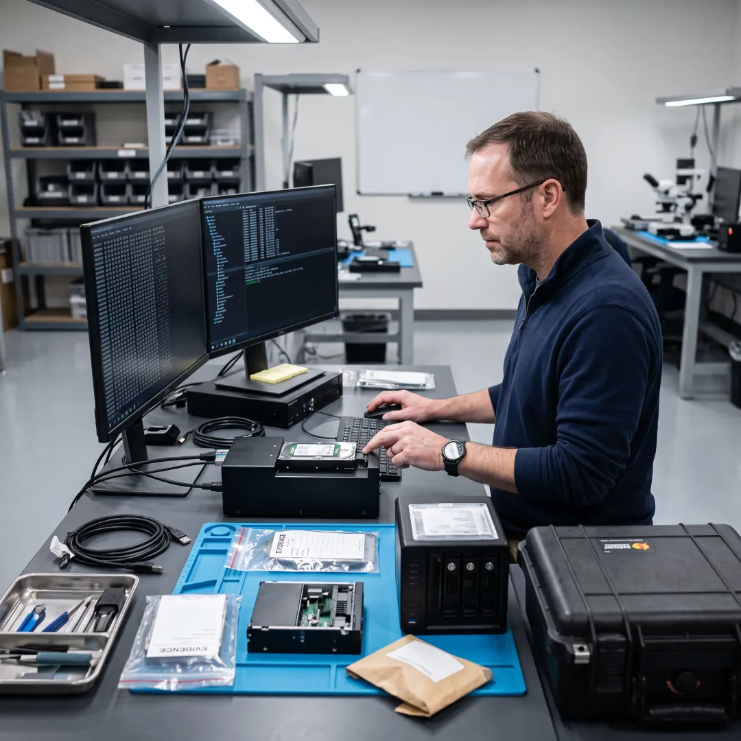 Server data recovery technician working on storage drives
