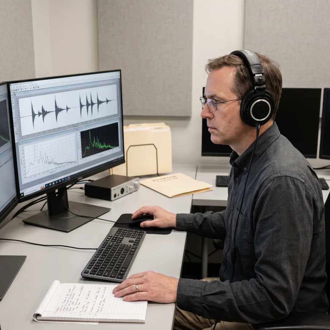 Forensic audio enhancement process at analysis workstation