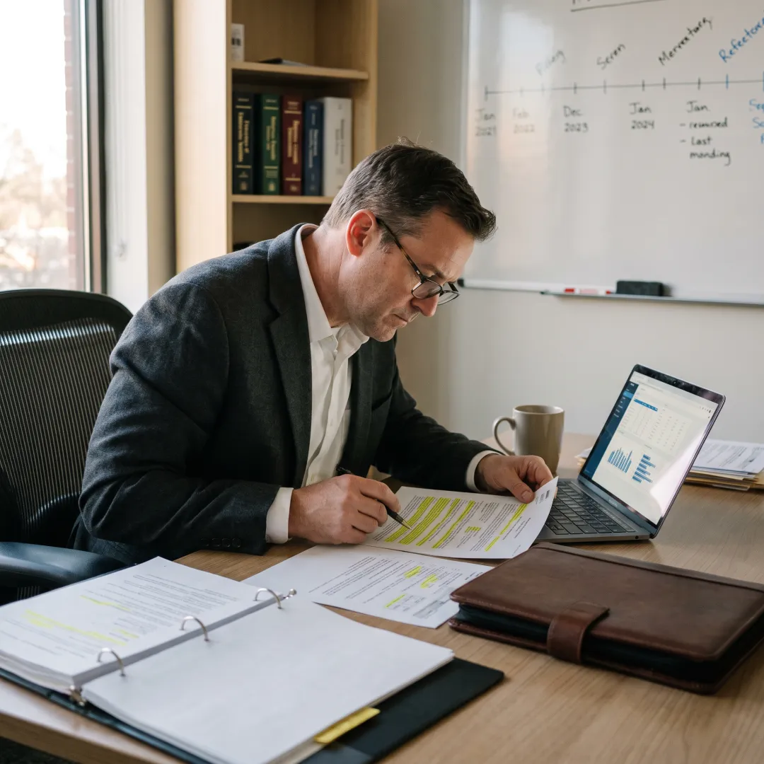 Investigator reviewing financial records for bank account locator services