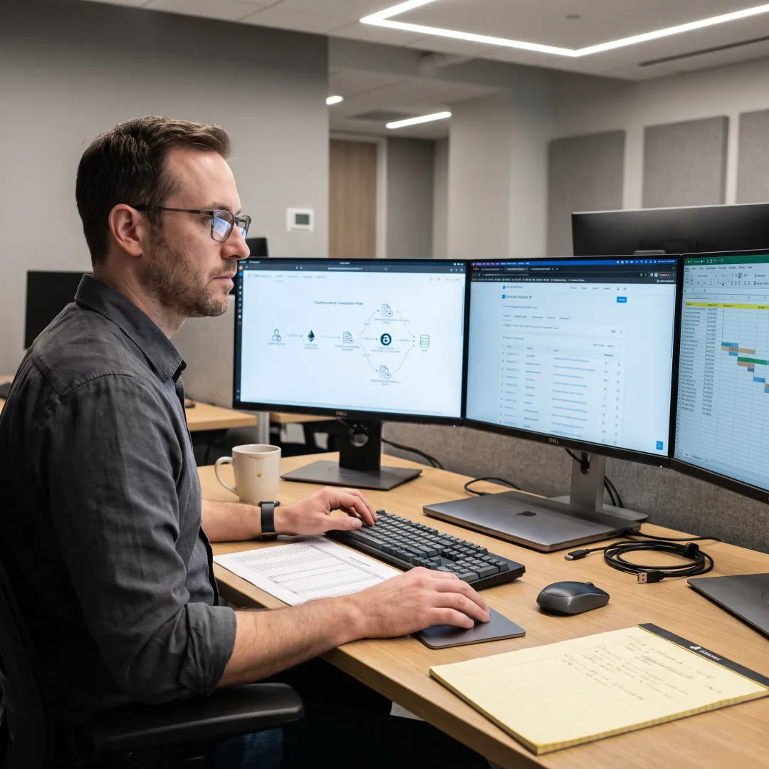 Digital forensics team reviewing cryptocurrency incident evidence