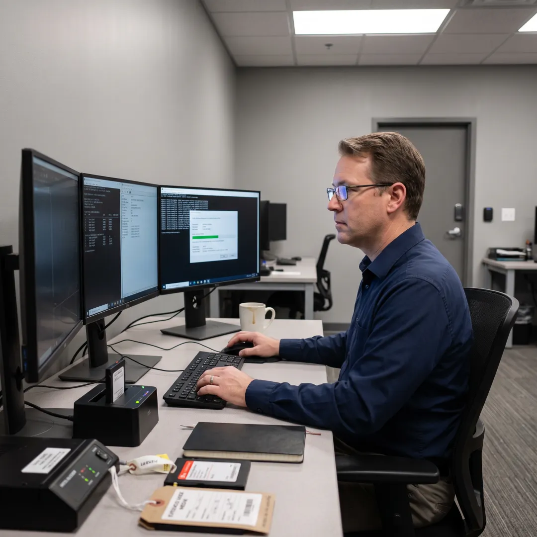 Technician analyzing RAID drives
