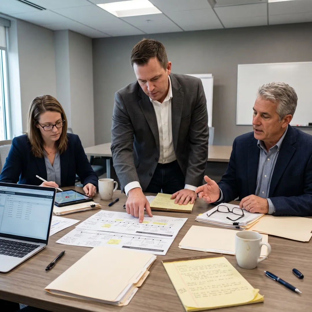 Investigation team analyzing insurance fraud evidence