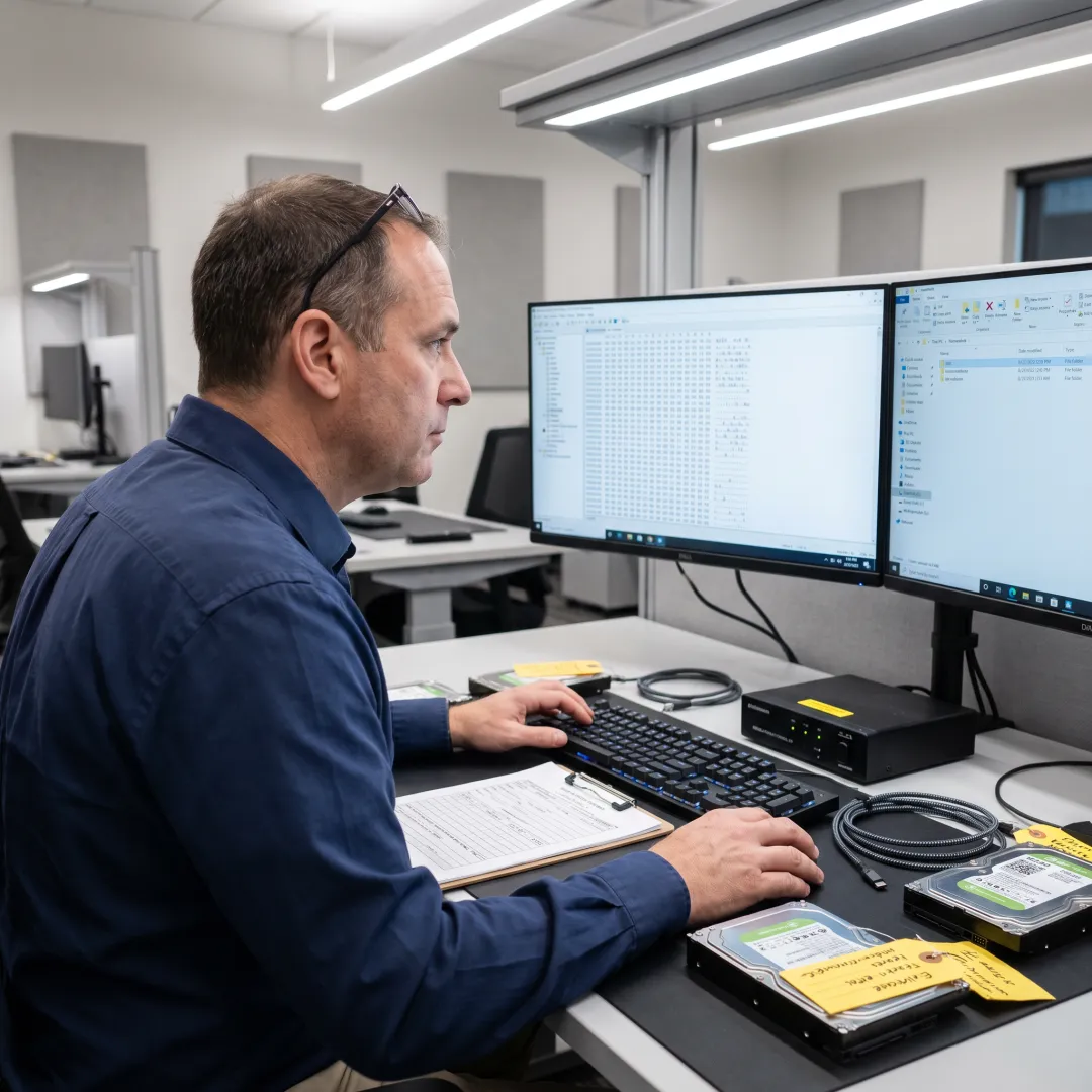 Forensic evidence process with laptop and documentation
