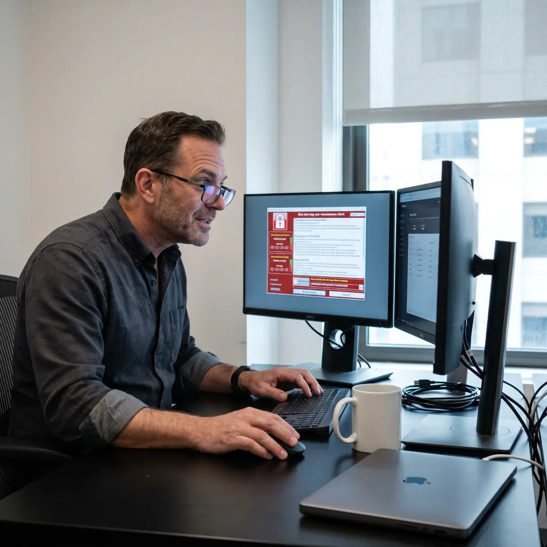 Ransomware recovery analyst reviewing encrypted server alerts