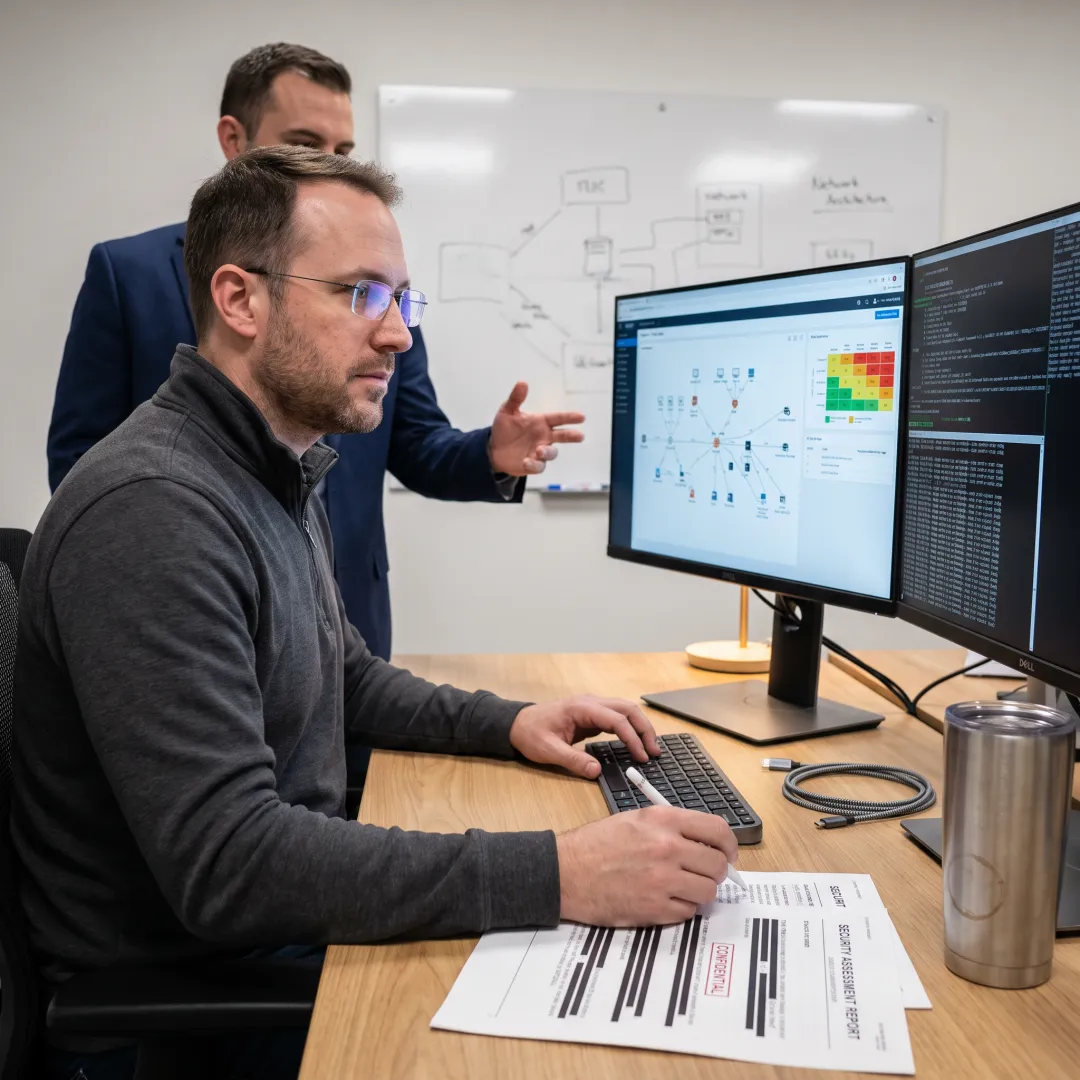 Penetration testing team reviewing security findings
