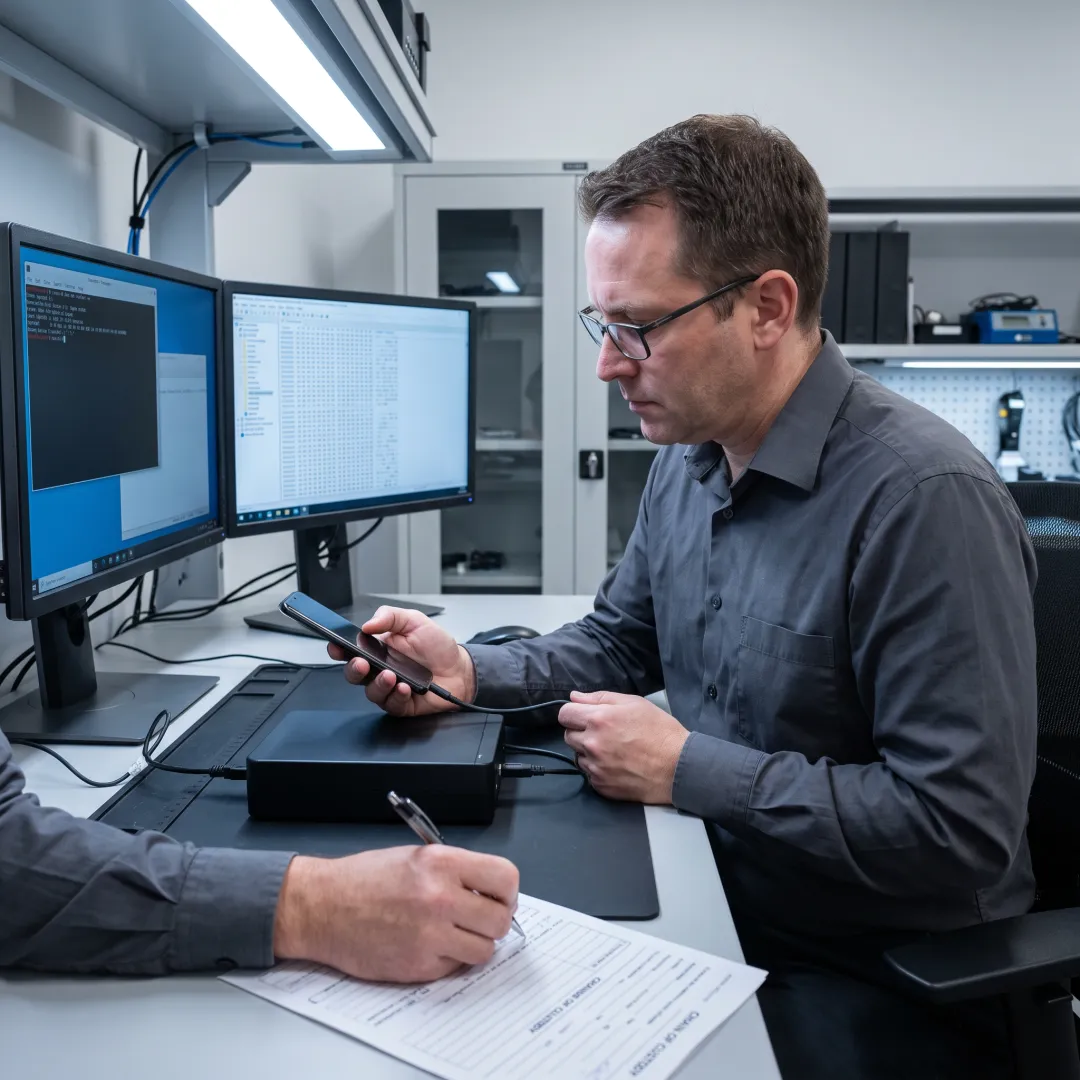 Forensic examiner documenting mobile device evidence
