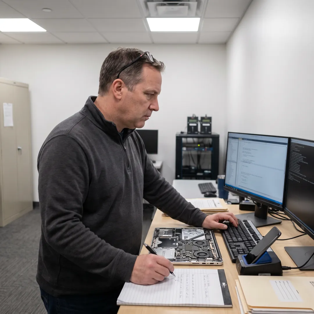 Digital forensic investigator reviewing corporate evidence