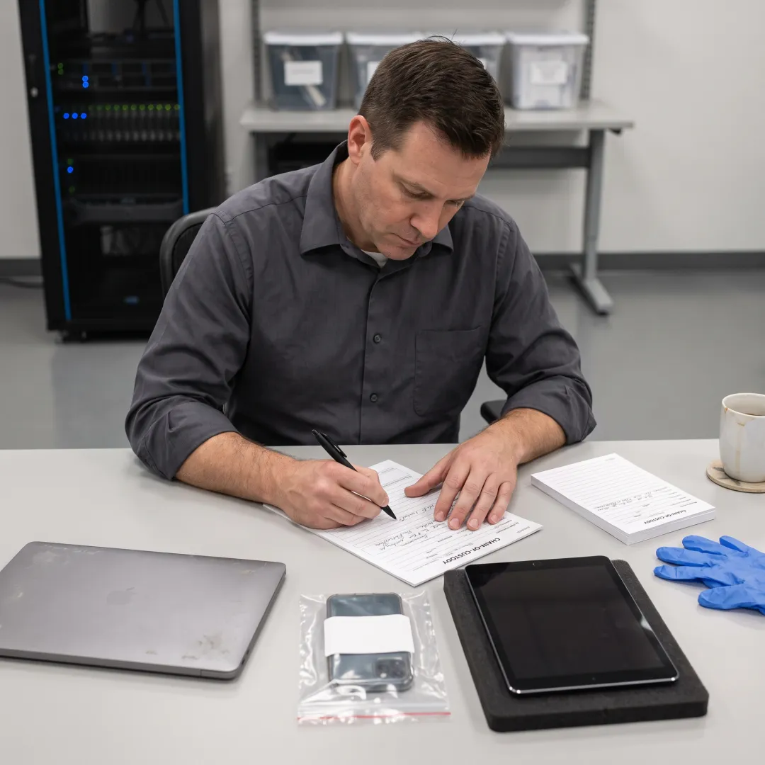 Forensic examiner preparing evidence for litigation