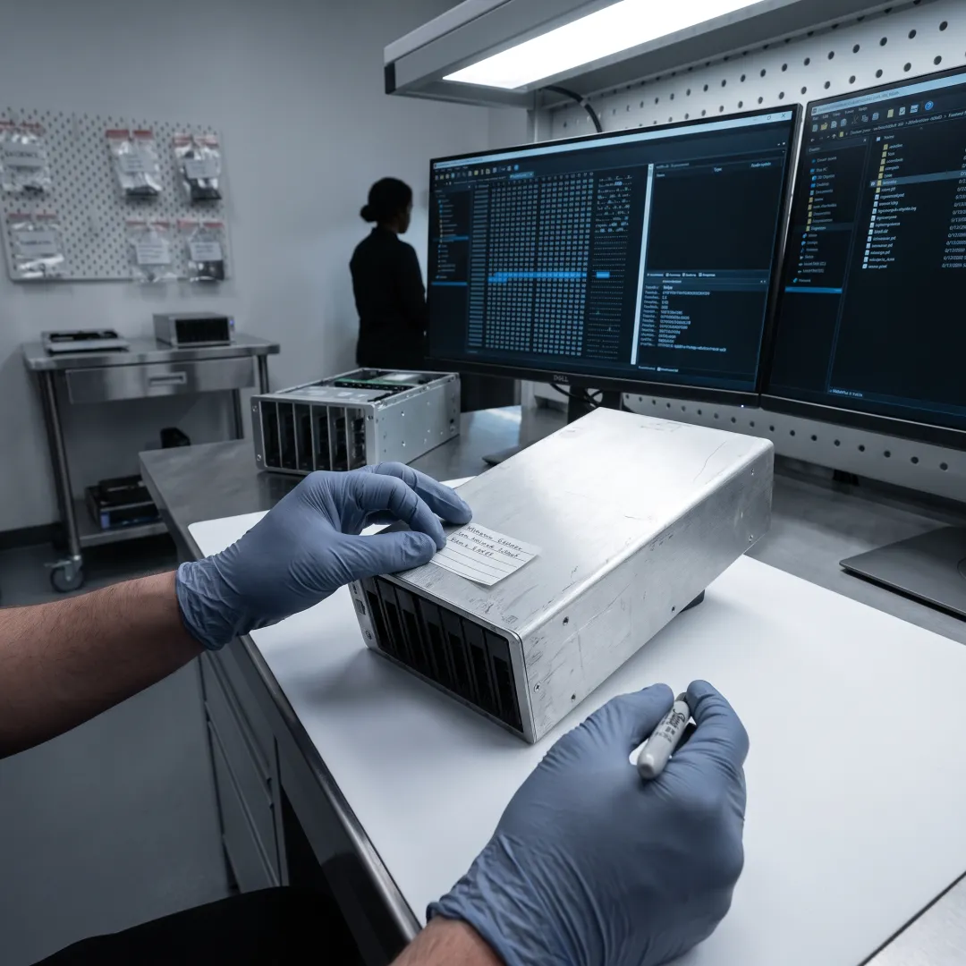 Technician documenting RAID recovery process