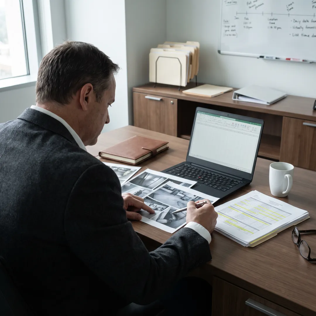 Private investigator reviewing evidence