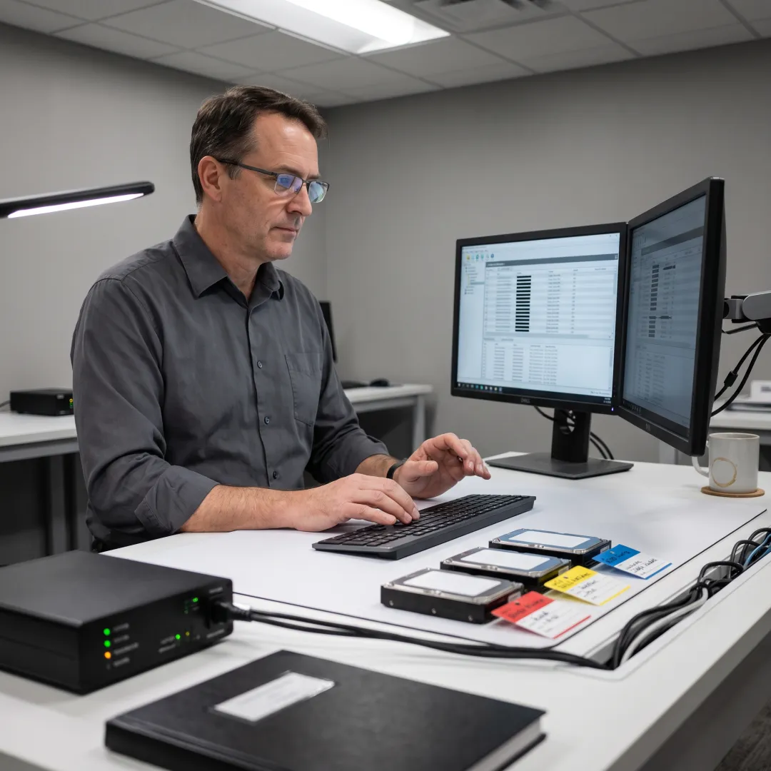 Technician analyzing RAID drives