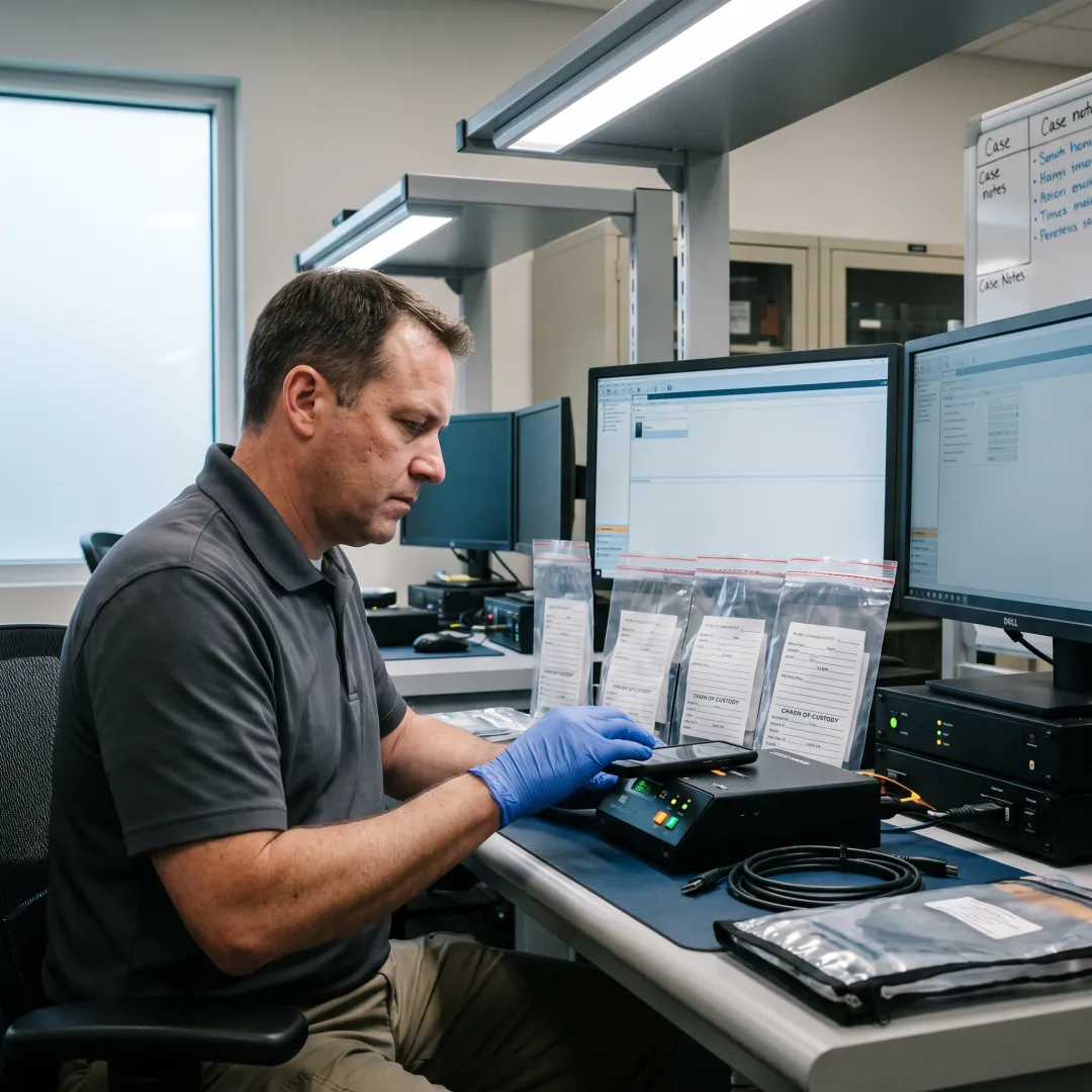 Digital forensics lab examiner analyzing electronic evidence