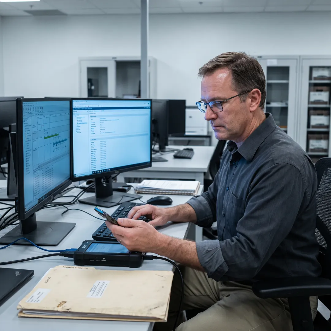 Forensic analyst reviewing mobile device evidence report