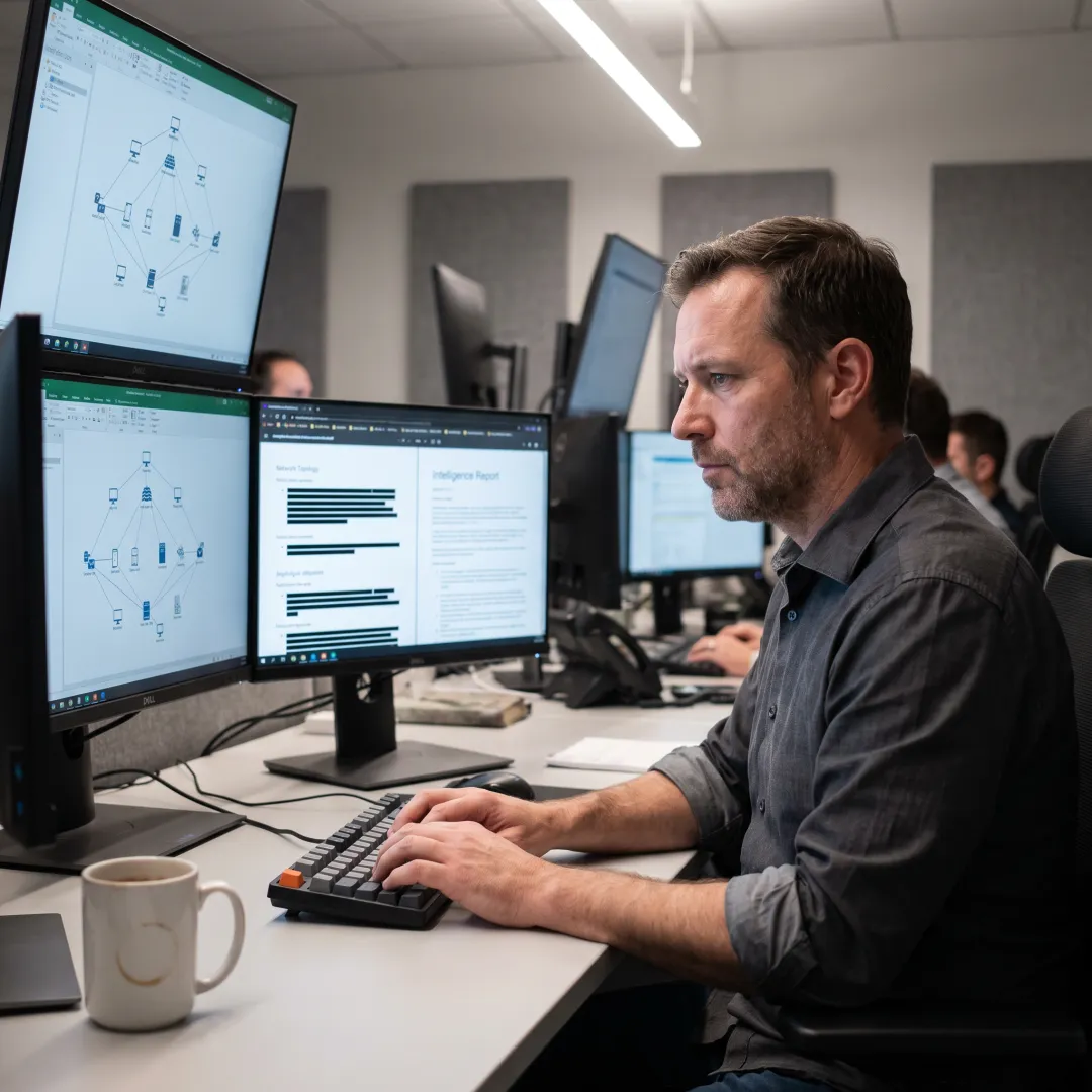 Analyst reviewing cyber threat intelligence workflow