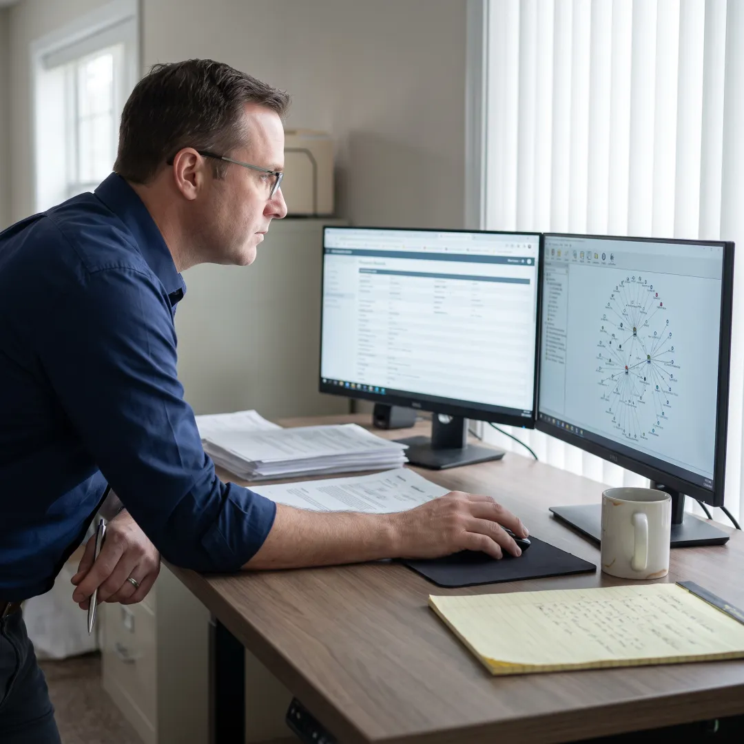 Investigator mapping financial connections during an asset investigation