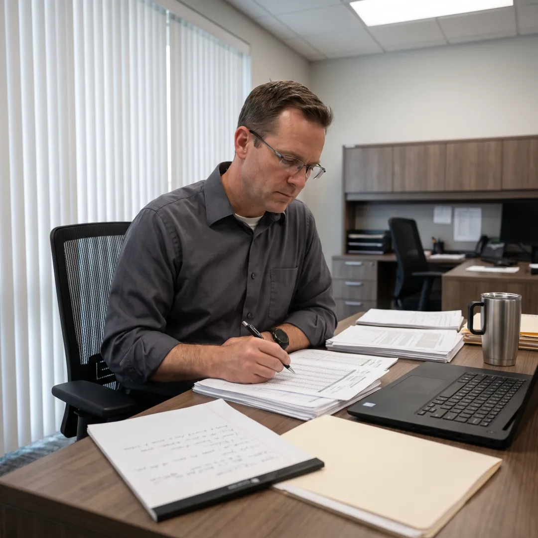 Corporate investigator reviewing evidence discreetly