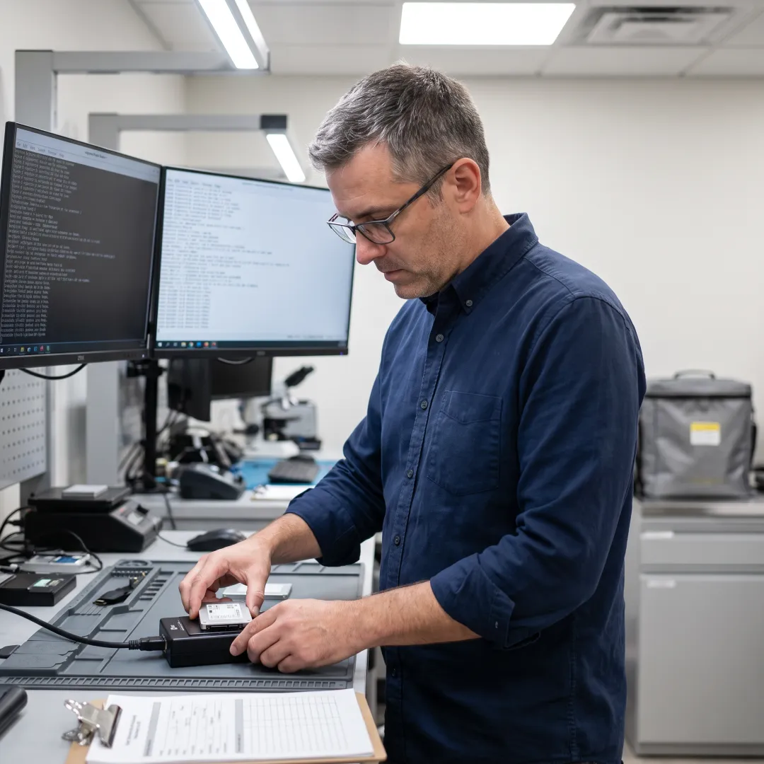Technician performing SSD recovery analysis