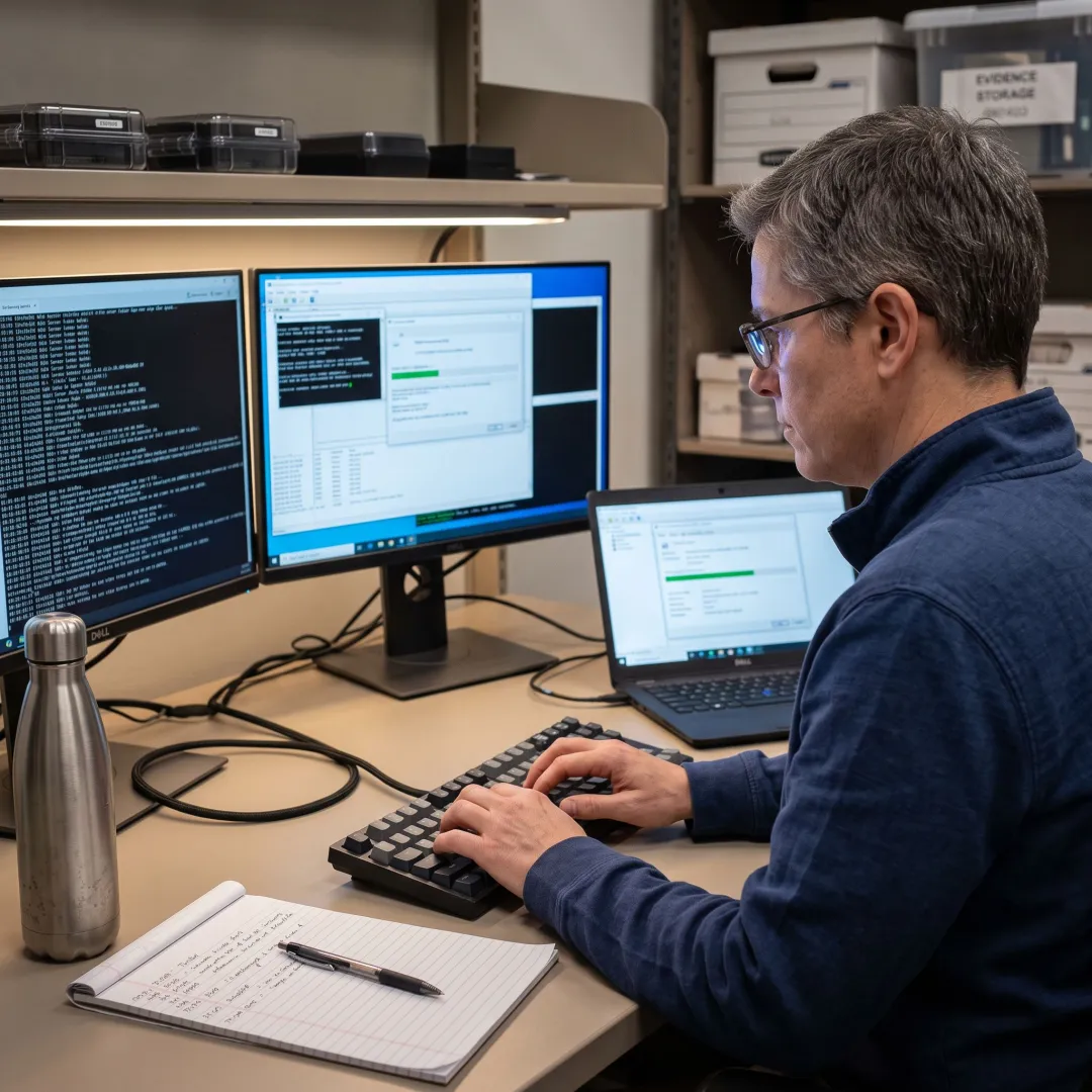 Forensic analyst documenting breach response findings