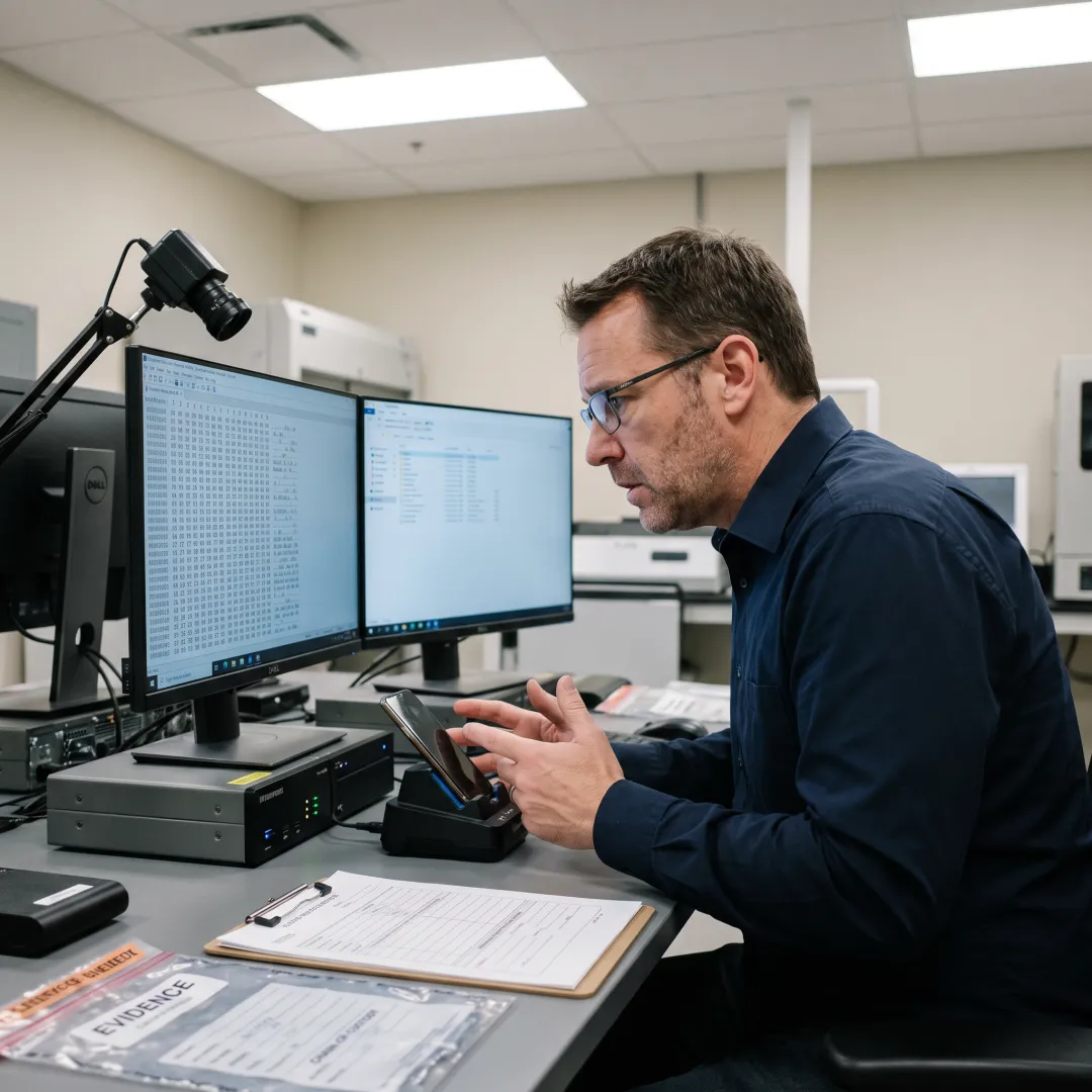 Mobile forensic examiner analyzing smartphone evidence