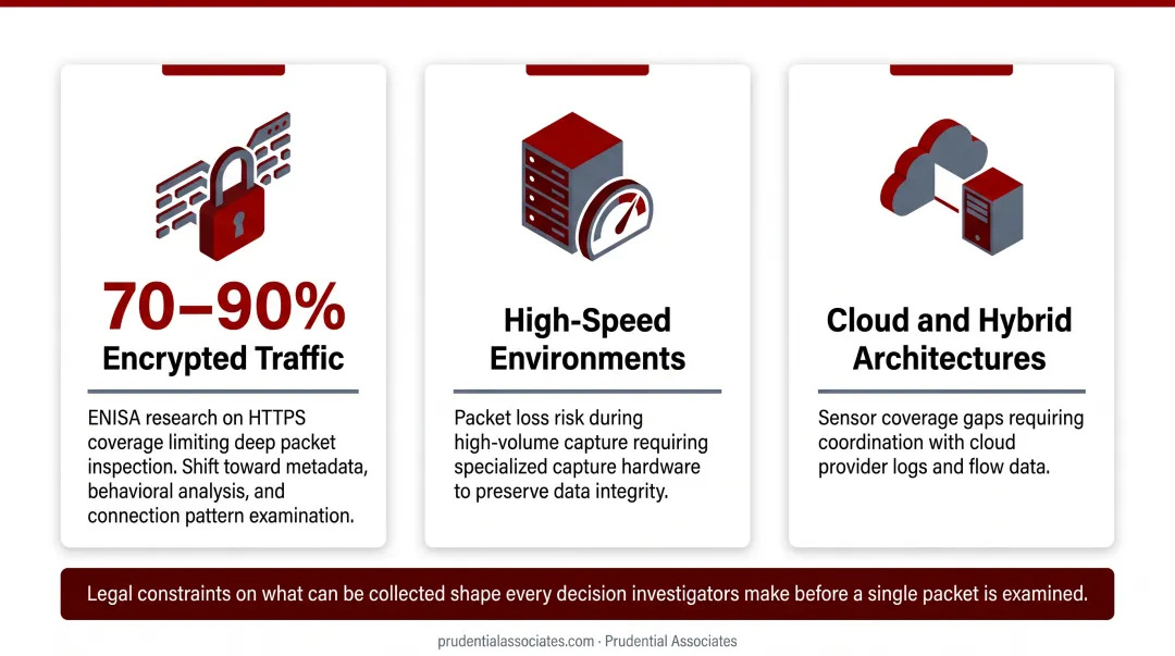 Three key technical challenges in network forensics investigations encrypted traffic cloud gaps
