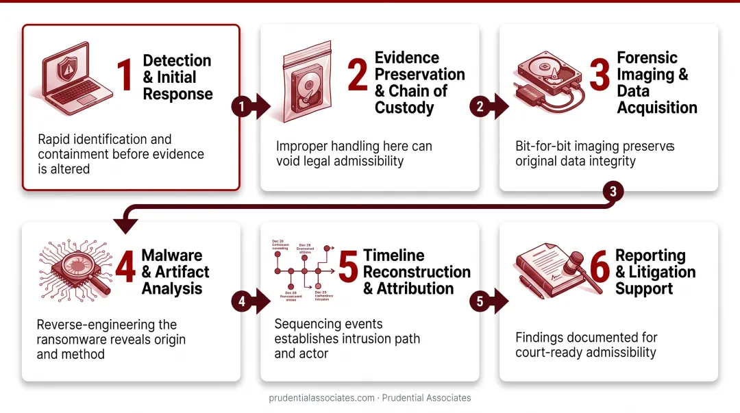 6-stage ransomware forensic analysis process flow from containment to reporting