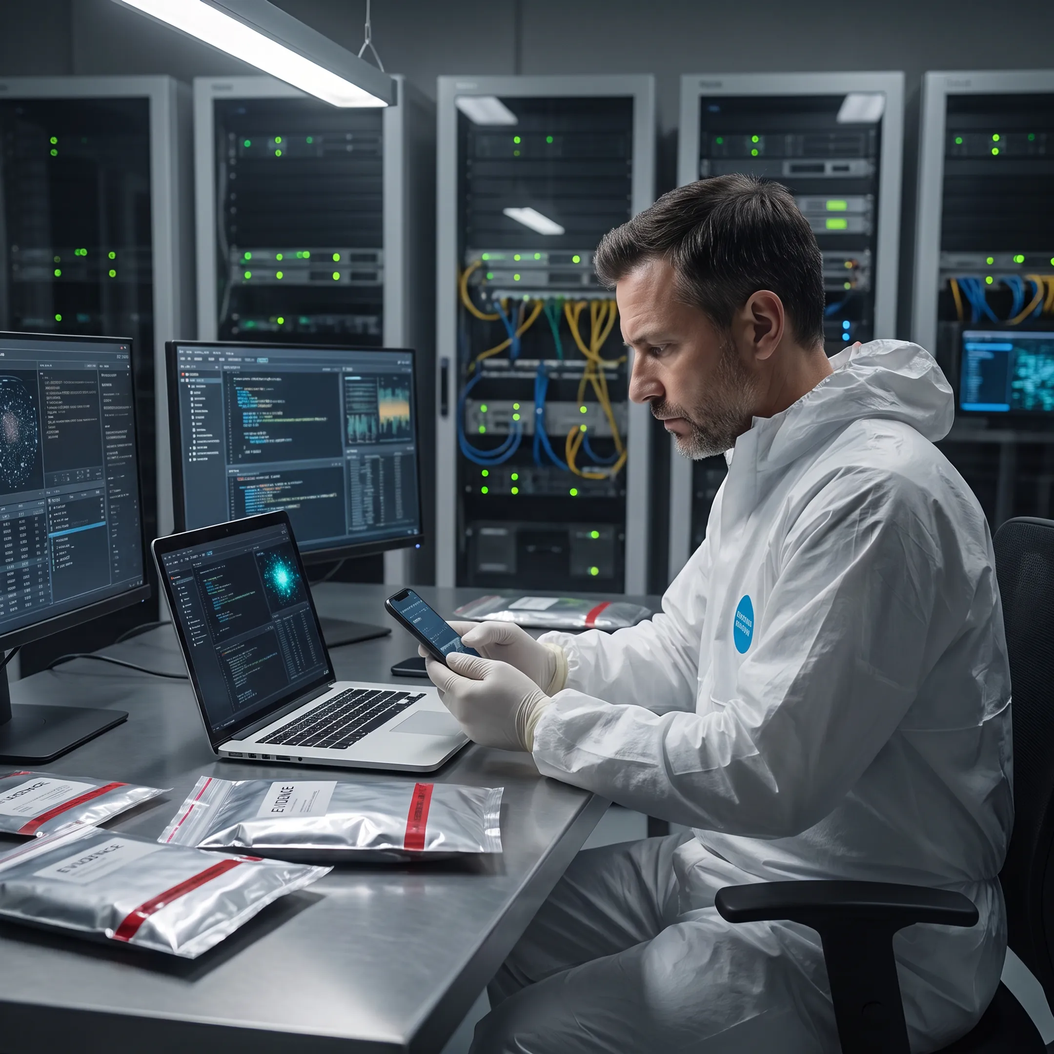 Digital forensic examiner reviewing a smartphone