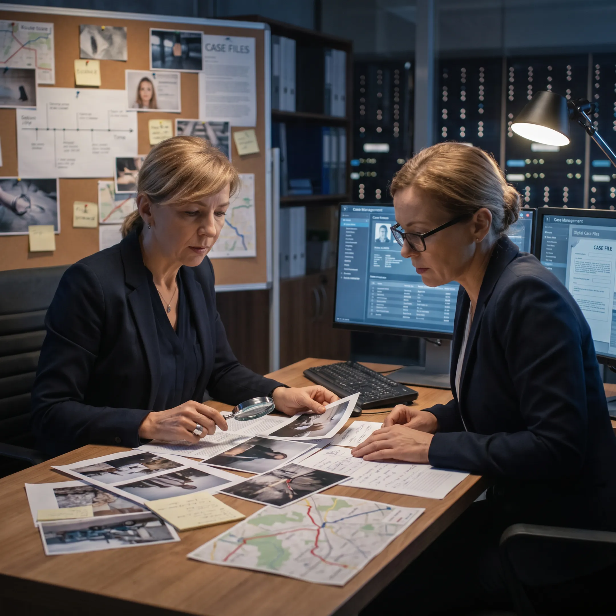Investigator reviewing documented surveillance findings